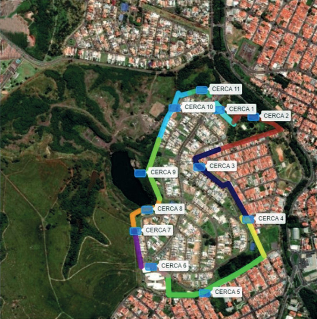 Mapa com cercas eletrônicas georreferenciadas